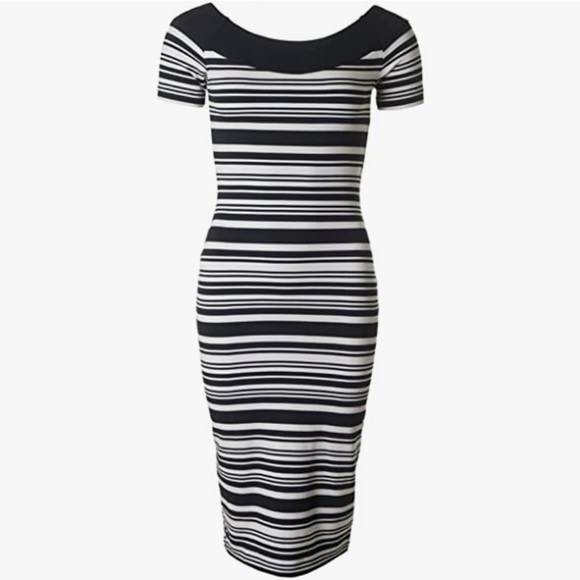Michael Kors STRIPED OFF-THE-SHOULDER SHEATH DRESS - Picture 4 of 15